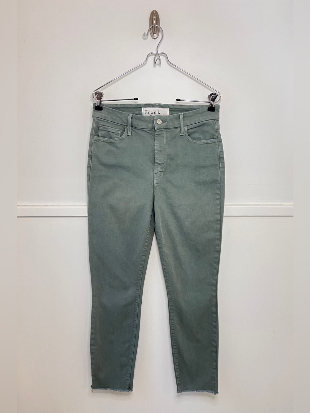 Frank & Eileen Sligo High Rise Raw Hem Cotton Skinny Jeans in Sage Green